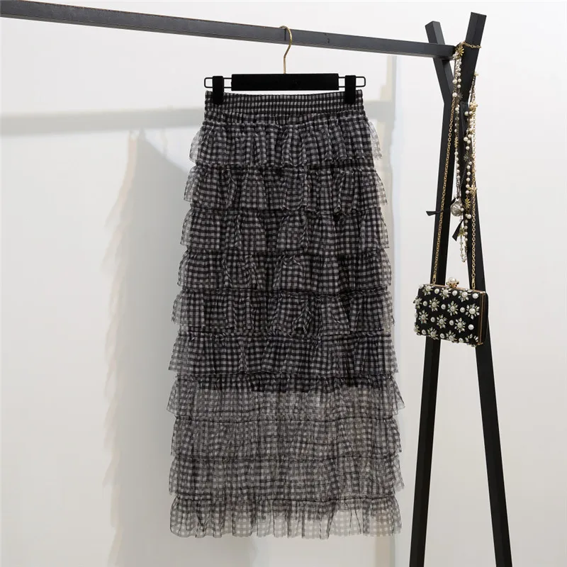 Пышная юбка-миди в Корейском стиле женская летняя клетчатая юбка с высокой