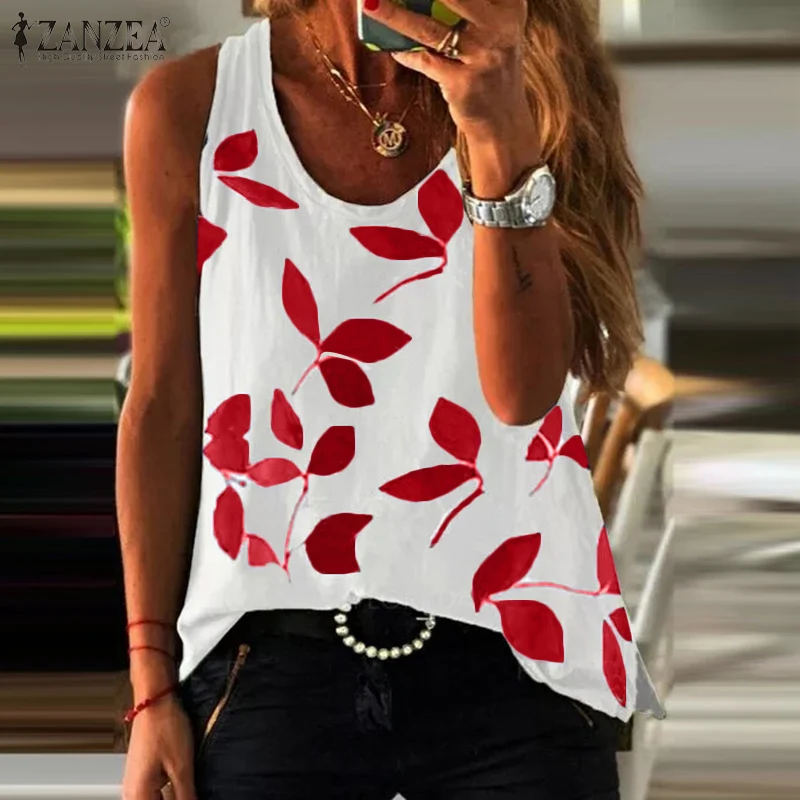 

Летнее Повседневное платье без рукавов, Тэнк топы ZANZEA лист блузка с принтом для женщин с круглым вырезом с цветочным принтом Свободный жиле...