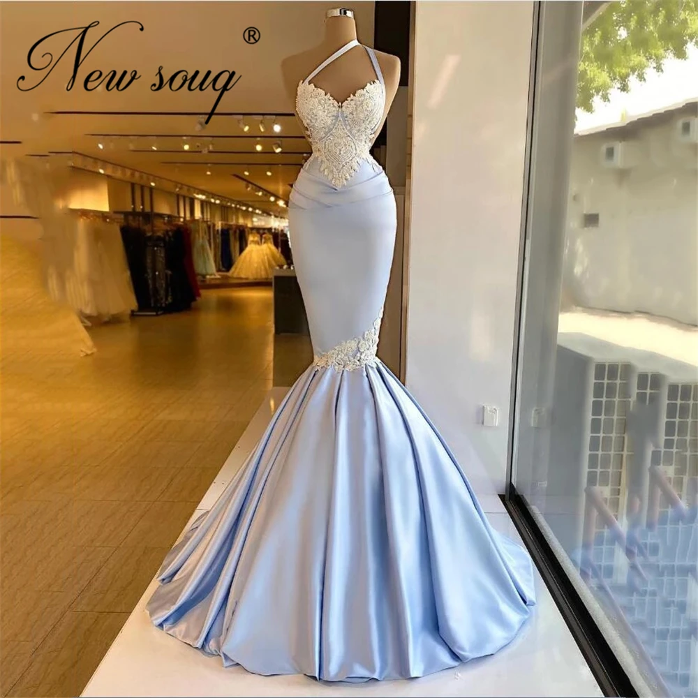 

Haute Couture Beading Mermaid Evening Dresses 2021 Blue Satin Wedding Party Dress For Women Dubai Prom Gowns Vestido De Festa