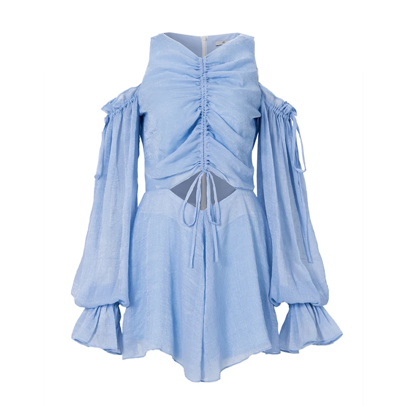 

[EAM] Loose Fit Women Blue Drawstring Hollow Out Off Shoulder Playsuits New High Waist Pants Fashion Spring Summer 2021 1U707
