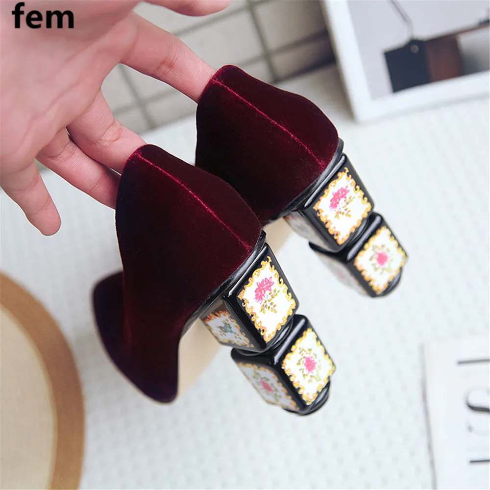 

Women Shoes Chinese Rayal Style Chunky Pumps High Heels Flock Zapatos Mujer Shallow Strange Heels Fashion Ladies Shoes Pointed