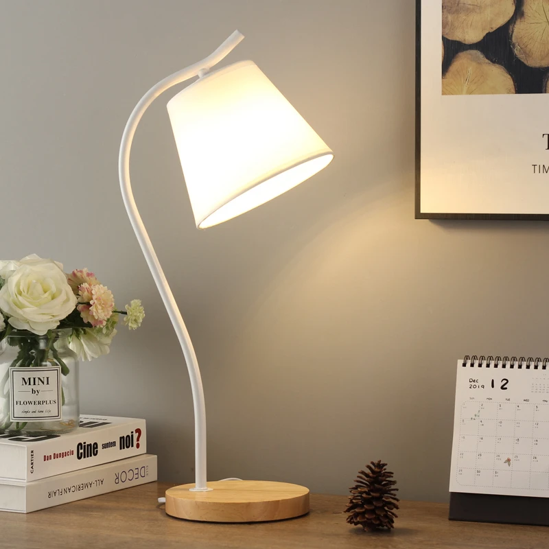 

Nordic Wooden Art Iron LED Fashion Simple Desk Lamp Eye Protection Dimming Fabric lampshade Table Lamp Living Room Home Decor