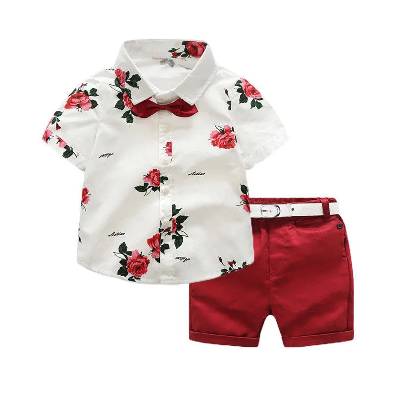 

Kids Baby Boys Gentleman Outfit Floral Suit Bow Tie Tops Shirt Short Pants 2Pcs Children Party Clothing 1-7Y Summer Clothes Sets