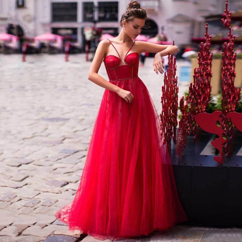 

New Arrival Spaghetti Straps Sweetheart Beads Sleeveless Tulle A-Line Evening Dresses Red Prom Gowns Robe De Soiree