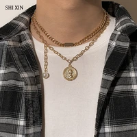 shixin 2 pcs layered chain choker necklace men punk coinpearl pendant necklace for women fashion necklace chain on neck jewelry