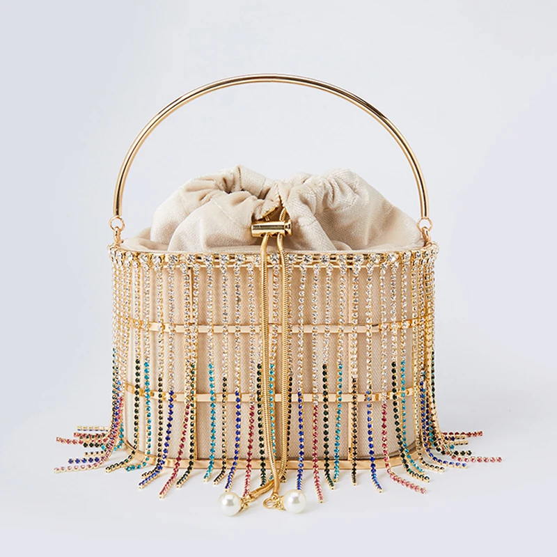 

Rhinestone Tassel Evening Clutch Bag Women 2020 Korean Luxury Diamond Shoulder Bag Ladies Alloy Metal Cage Basket Purse