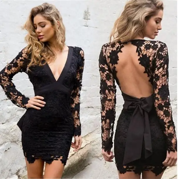 

new 2019 Women Lace Floral Dress Deep V Neck Sexy Dress Women Backless Mini Bodycon Dresses With Bow Belt Vestido De Festa
