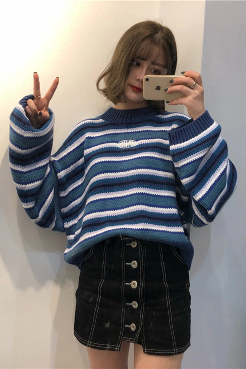Женский свитер в полоску Свободный пуловер с длинным рукавом Корейском стиле