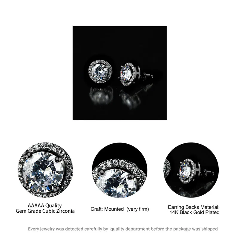

Punk Female White Crystal Stone Earrings Classic Black Gold Color Stud Earrings For Women Trendy Round Zircon Wedding Earrings