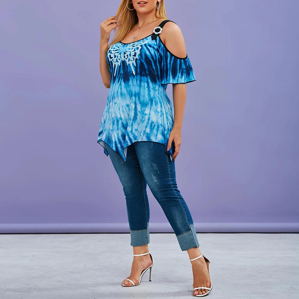 Blusa de talla grande con estampado de mariposa para verano, camisa con hombros descubiertos y dobladillo Irregular para mujer, D30