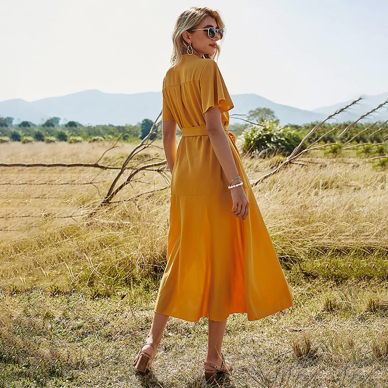 

Spring Summer Single Breasted V-neck Short Sleeve Waistband Casual Dress 90s Ladies Slim Fit A-line Yellow Ruffles Midi Dresses