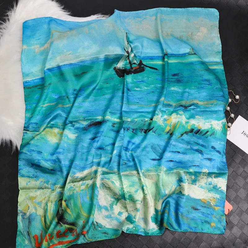 

90cm Starry Sky Oil Twill Silk Rolled Square Scarf Women Shawl Brand Hijab Scarf Design Bandana Hand Curled Hem Head Scarves