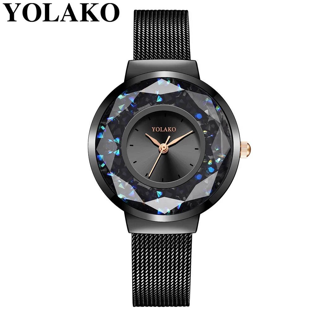 

YOLAKO Vogue Luxury Women's Watch Quartz Women Watches Mesh Wrist Watch Luxury Rhinestone Dial Starry Sky Clock reloj mujer *A
