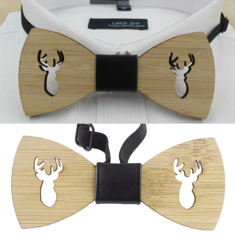 

Mens Boys Hollow Out Carved Elk Deer Wooden Bowtie Adjustable Christmas Necktie 85WB