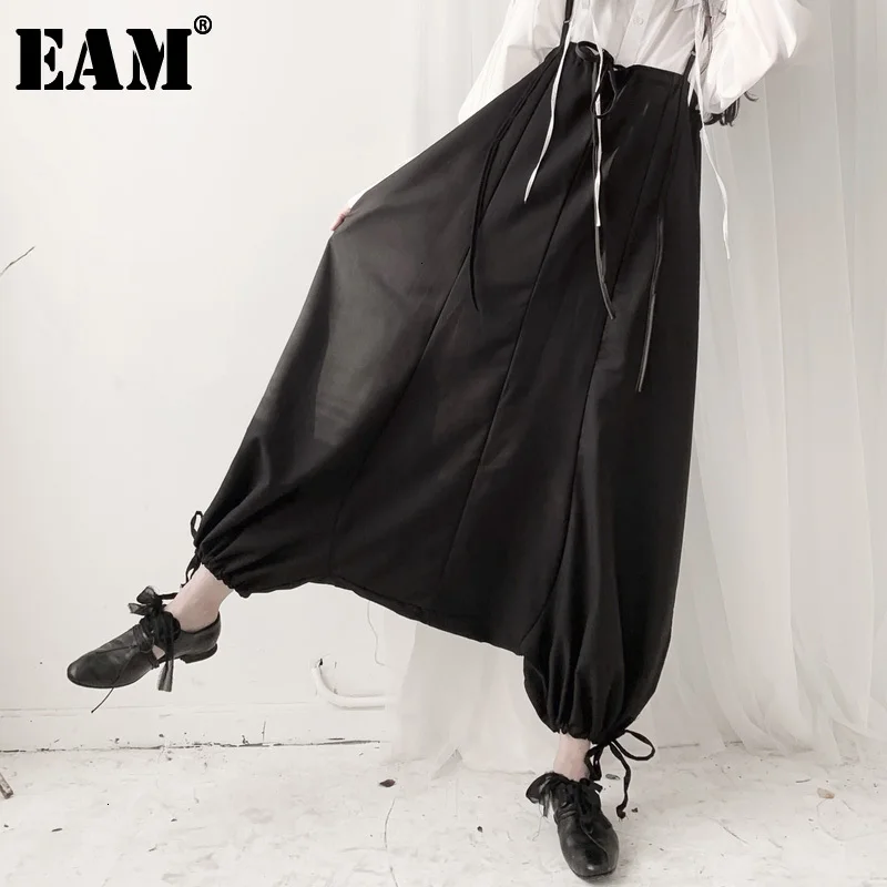 

[EAM] Черные длинные широкие брюки с высокой эластичной талией для отдыха, новые свободные женские брюки, модные весенне-осенние 2022 19A-a650