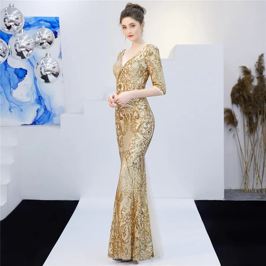 Золотое вечернее платье с блестками It's Yiiya DX271 сексуальное v образным вырезом и