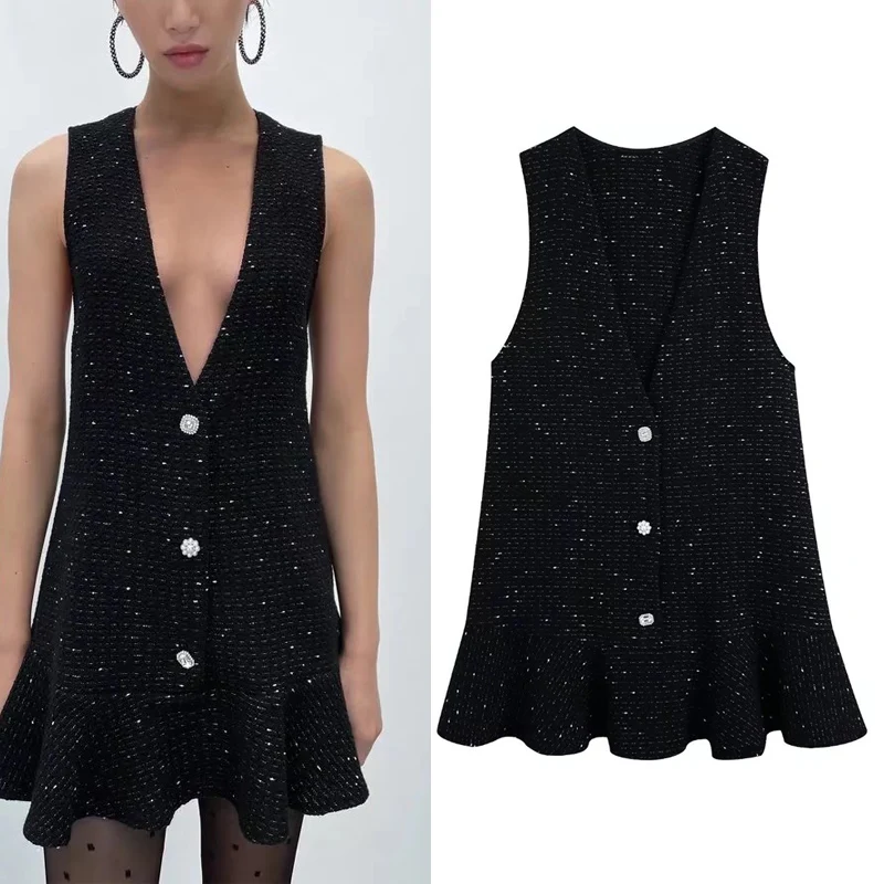 

Женское однобортное платье с V-образным вырезом и оборками