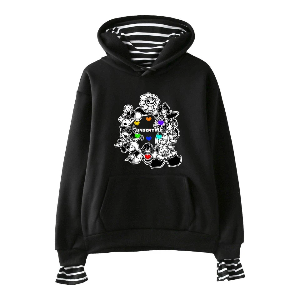 Undertale Sans Hoodies Fake Two Piece Men Cartoon Print Fashion Stripe Pullovers Loose Harajuku Women Sweatshirt | Мужская одежда