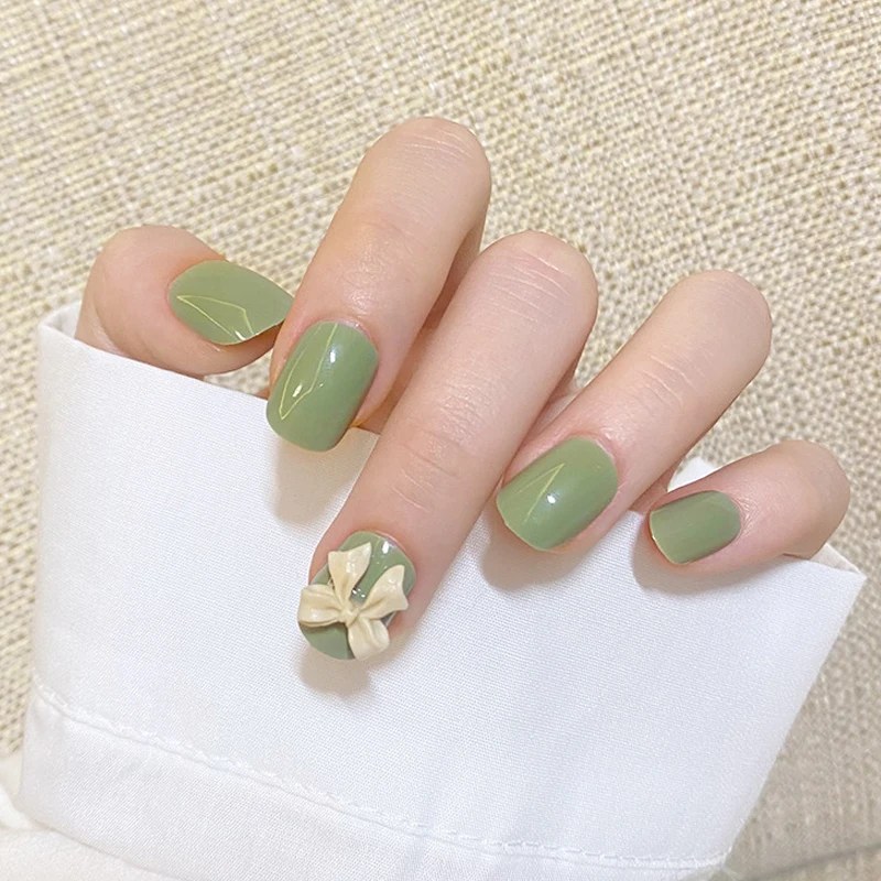 

Fake Nail Patch Short Square Head Green Nails Wear Nail Art Finished Nail Piece 24pcs Wear Glue The Best Gift STTX889