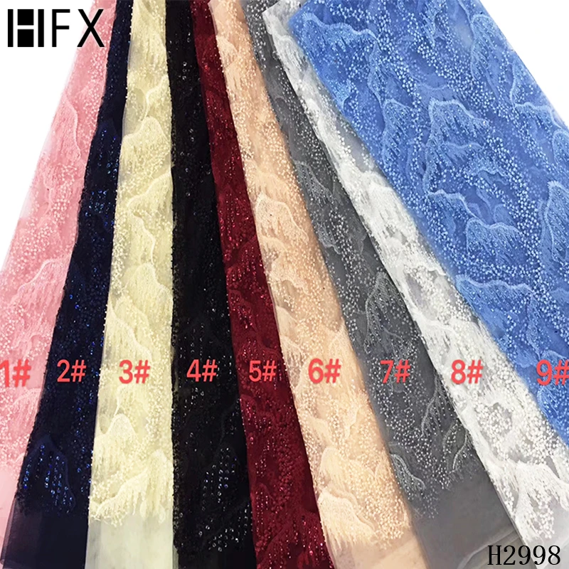 

HFX 2019 Sequins Lace Fabric High Quality Latest African Lace Fabric Wedding Tulle Lace Fabric French Nigerican With Beads H2998