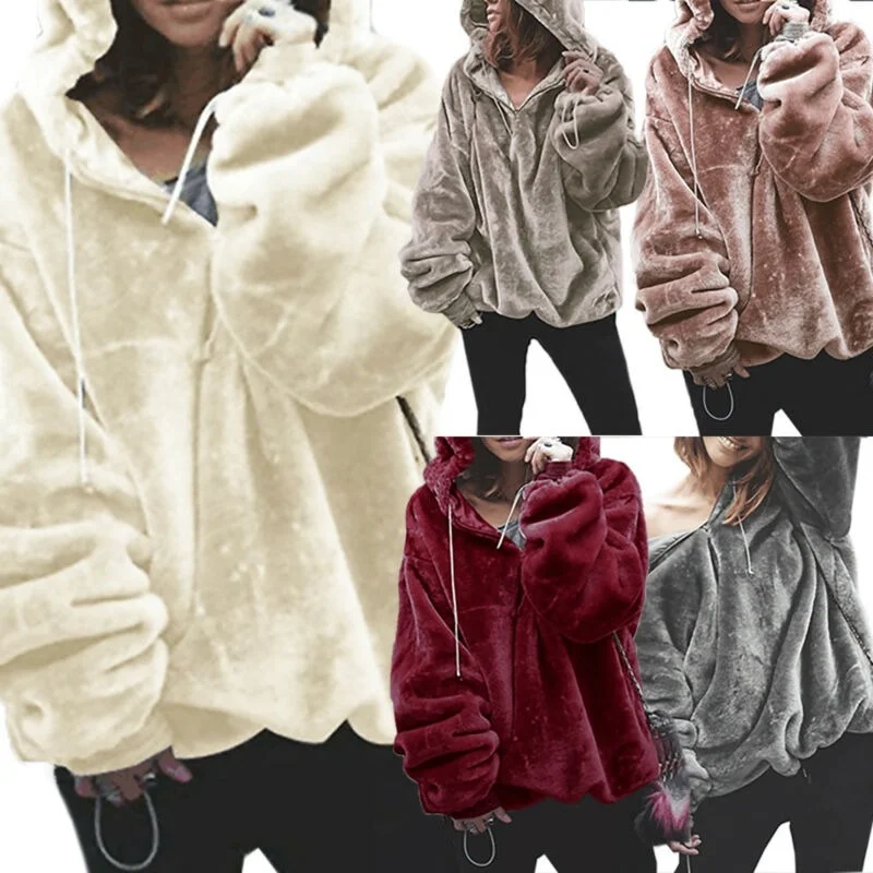 

Women Teddy Fluffy Long Sleeve Zip Hooded Hoodie Plain Jumper Casual Pullover