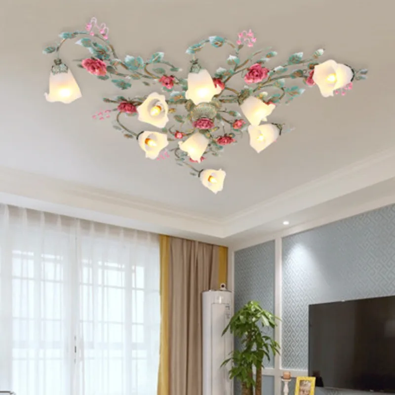 Kopen Moderne Land Zuig Dak Verlichting Woonkamer Lamp Verlichting Pastorale Bloem Slaapkamer Plafondverlichting Romantische Rose Lantaarn