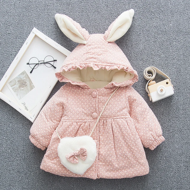 【 * 】Детская теплая зимняя куртка-парка с капюшоном и заячьими ушками для