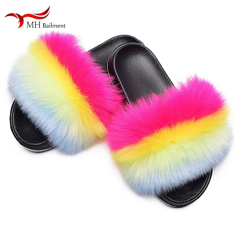 

2021 Summer Popular Style Slippers Plush Indoor Home House Platform Slippers Faux Fox Fur Color Slides Outdoor Beach Shoes