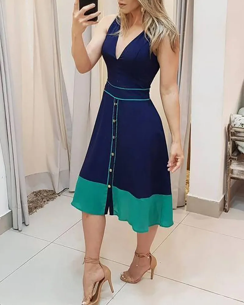 

Женское платье-миди с V-образным вырезом, без рукавов