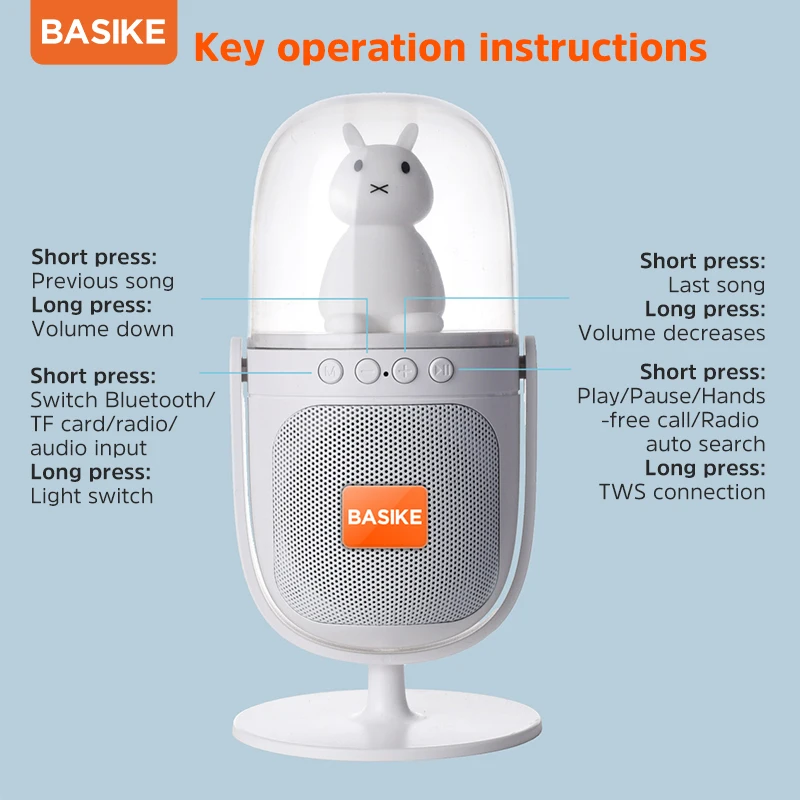 

Basike Bluetooth Speaker Wireless Cute Rabbit Night Light Glowing Small Portable Kids Gift Support TF Card FM Indoor and Outdoor