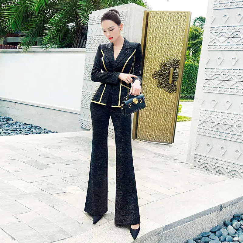 

2 Piece Sets Womens Outfits Elegant Blazer & Flared Pants Office Set Business Suit Two Piece Clothes Ladies Matching Sets J74