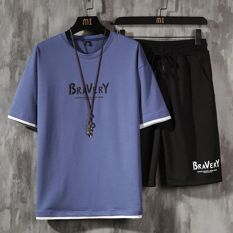

Fashion Mens Sets Short Sleeve T-shirt + Shorts 2 Pieces Suit Male Summer Sportswear Casual Sweatsuit Track Shorts Men Clothing
