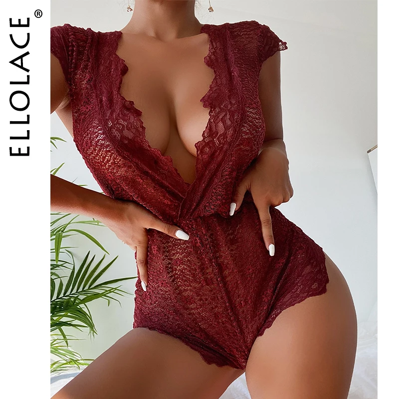 

Ellolace Sexy Deep-V Bodysuit Women Burgundy Exotic Costumes Sissy Pornographic Lingerie Sleeveless Tempt See Through Body