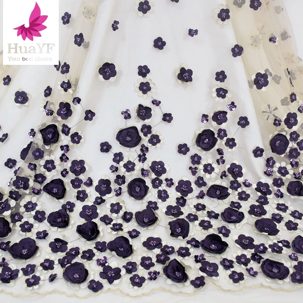 

Free shipping 3d Handmade Floral African French Net Lace Embroidered Fabric for Wedding lace with stones HY1633-2