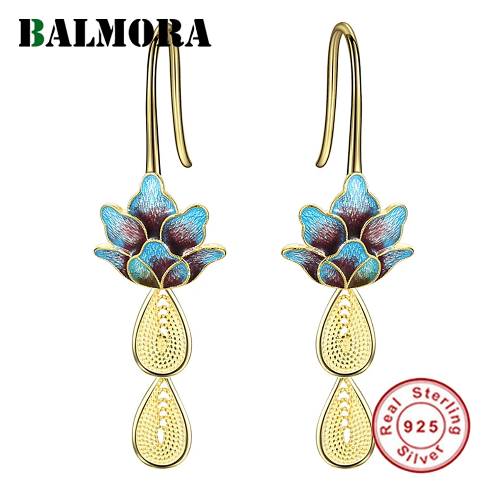 Женские эмалированные серьги подвески в виде лотоса из серебра 925 пробы|earrings