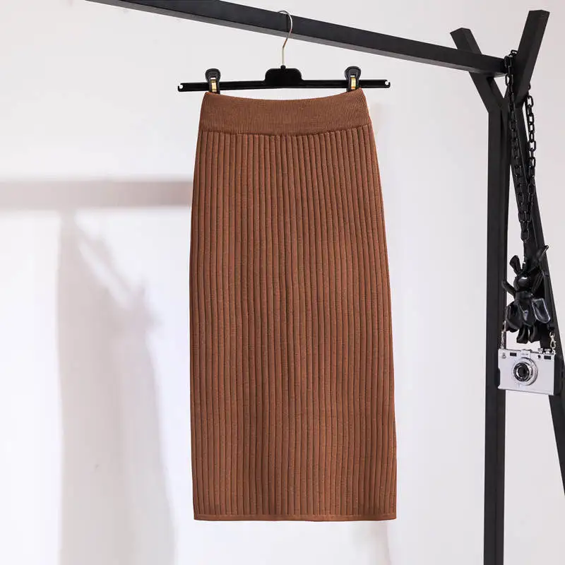 Faldas mujer moda осень зима женские трикотажные юбки однотонные сексуальные длинные юбки с разрезом faldas largas mujer - Цвет: Хаки