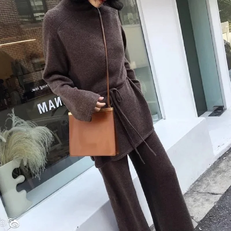 Женская Весенняя однотонная вязаная водолазка с поясом пуловеры топ + широкие