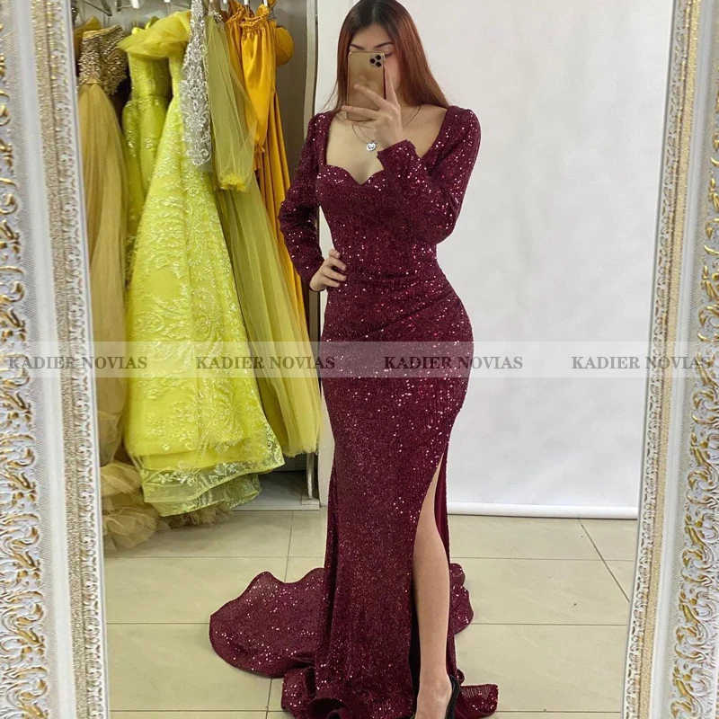 

Kadier Novias официальное вечернее платье с длинным рукавом и блестками цвета Бургунди с длинным рукавом 2021 с разрезом вечернее платье для выпуск...