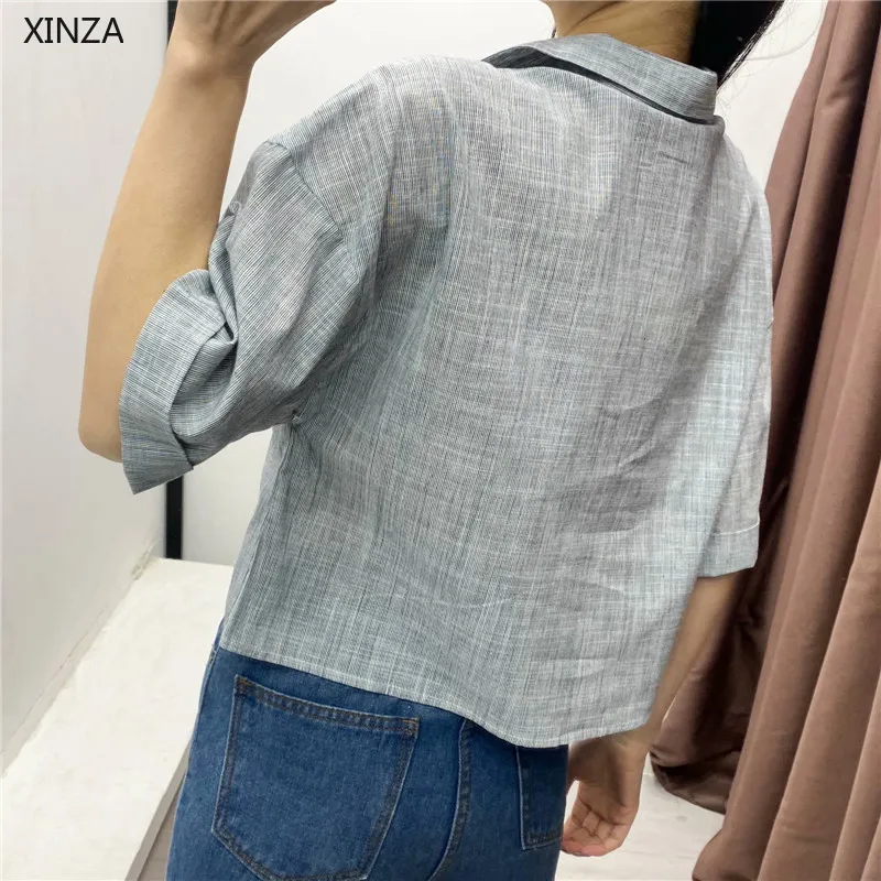 

Women Striped Cropped Summer Shirt Za 2021 Short Sleeve Front Flap Pockets Gray Vintage Top Female Chic Button Up Casual Shirts