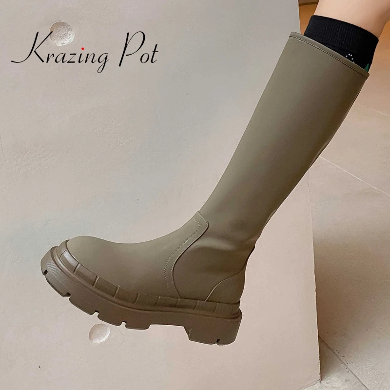 

krazing pot onlinestar recommend ins genuine leather round toe med heel high street fashion all-mach new thigh high boots L35