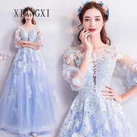 sky blue evening dresses long jewel neck full sleeves lace appliques evening dress formal party gowns prom dress vestidos