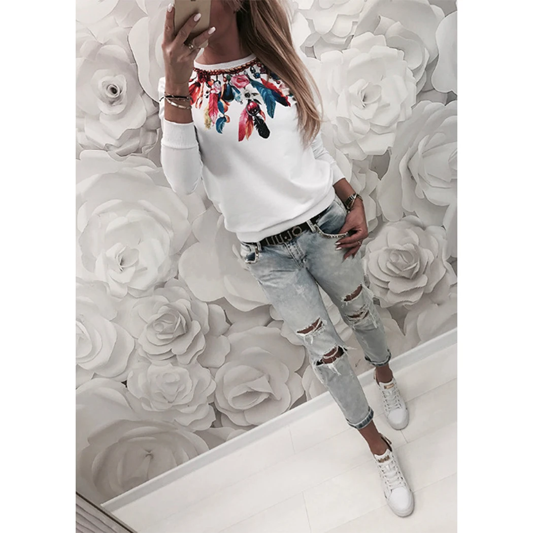 Женские белые футболки с принтом перьев Футболки женские круглым вырезом и