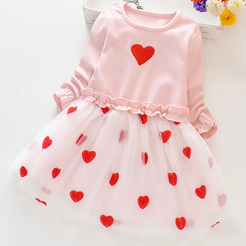 Kids Girl Dress 2019 New 1-8 Years Baby Girls Heart Print Long Sleeve Sweet Cotton Comfortable Toddler Mesh Dresses | Детская одежда и
