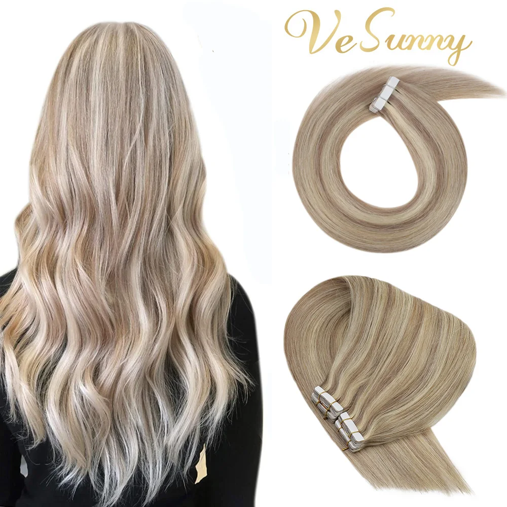 

VeSunny Adhesive Tape in Hair Extensions 100% Real Human Hair 20pcs #P18/613 Highlight Blonde 50gr Machine Made Remy Hair