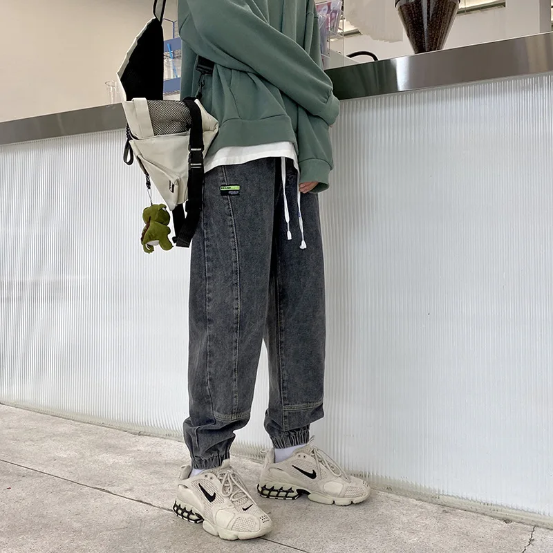 

Men Jeans Pencil Drawstring Loose Solid Patchwork Trendy Leisure Males Denim Trendy Punk Denim All-match Chic Trousers Cowboy