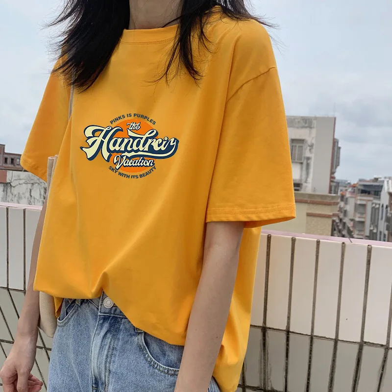 

Summer Short Sleeve Tees Casual Yellow Graphic T Shirt Women Loose Fashion Print Tops Black White Plus Size O Neck T Shirts New