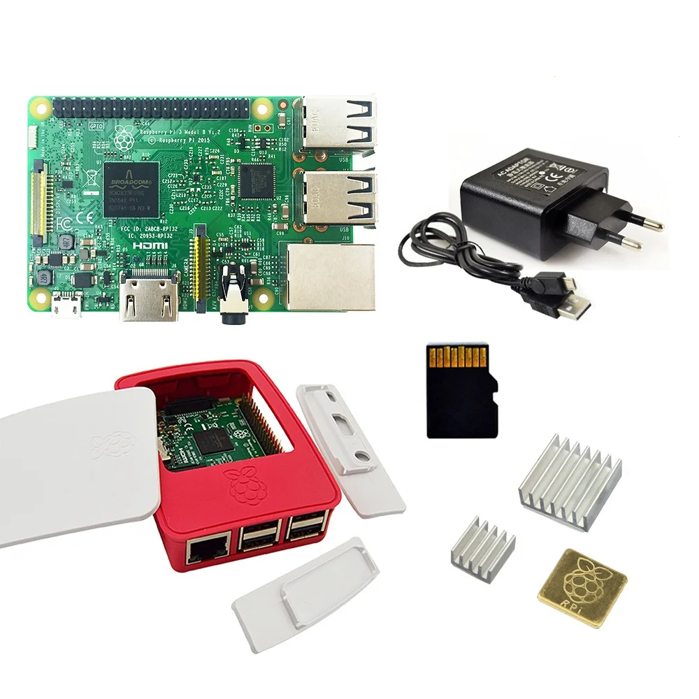 Четыре набора Raspberry Pi3 Foundation+ акриловый чехол/ABS чехол+ блок питания EU/US с usb-кабелем с переключателем и 16SD картой теплоотвода