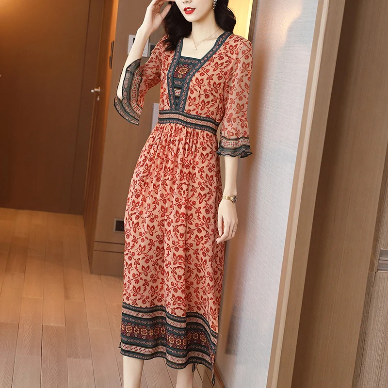 

High Quality 100% Silk Summer Dresses for Women Floral Vintage Dress Woman Elegant Long Dress 2021 Vestido De Mujer Pph3343
