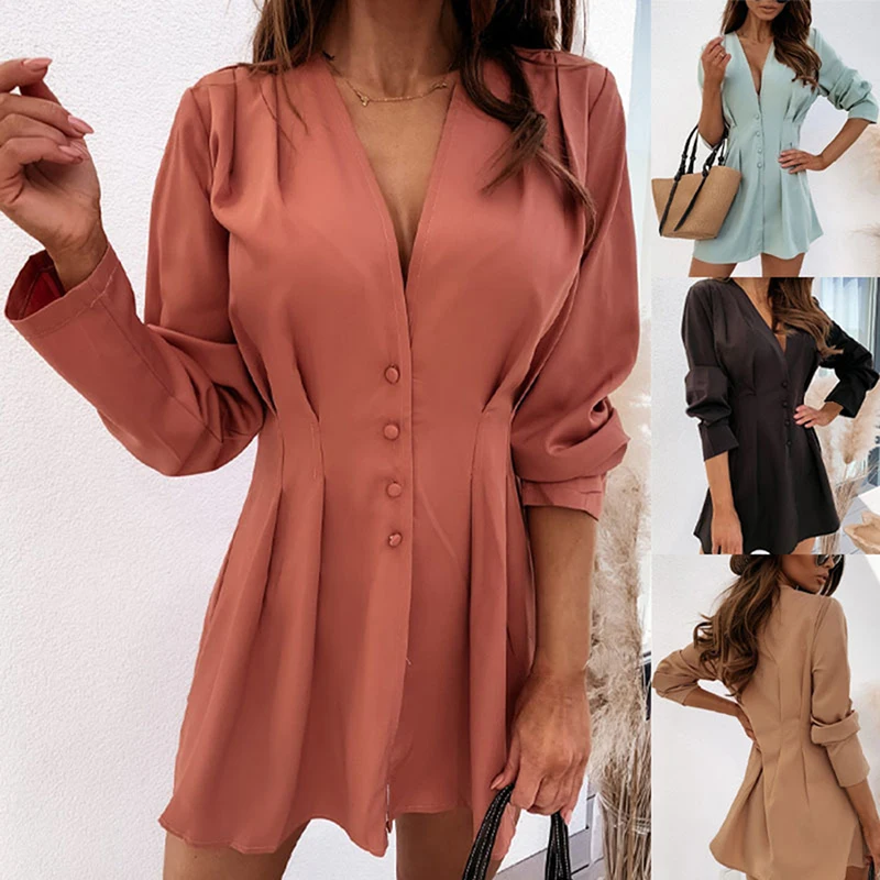 

2021 Hot Vintage Women Classic Shirt Dress Fashion Lantern Sleeve Dress With Button Dress Vestidos