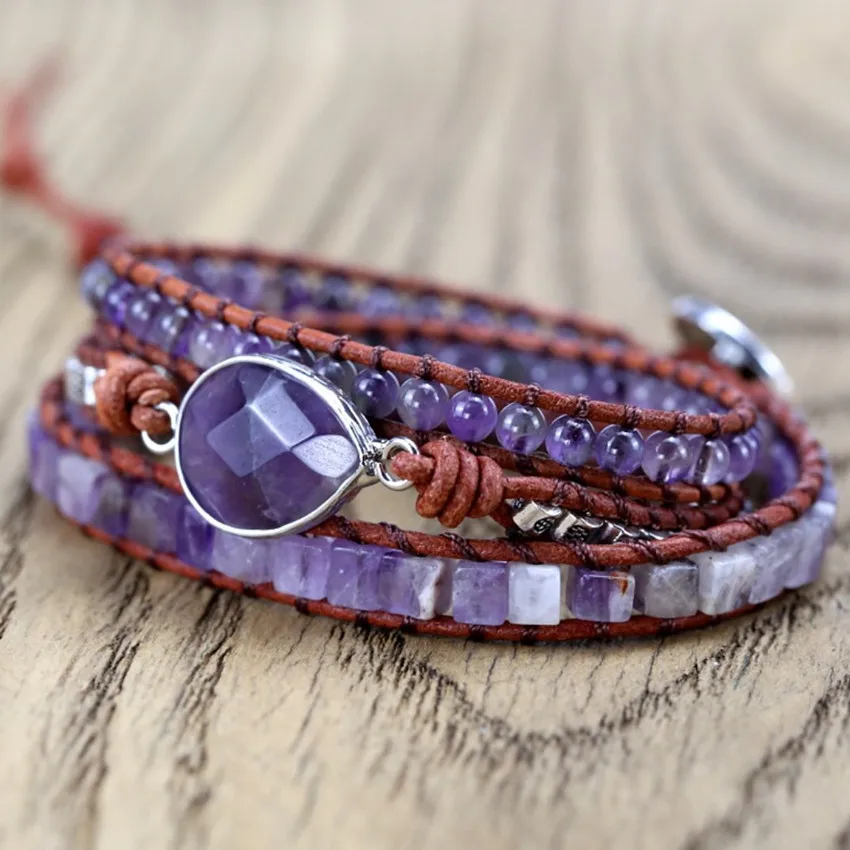 

FYJS Unique Silver Plated Tree of Life Natural Purple Amethysts Stone Beads Elastic Bracelet Handmade Weave Jewelry